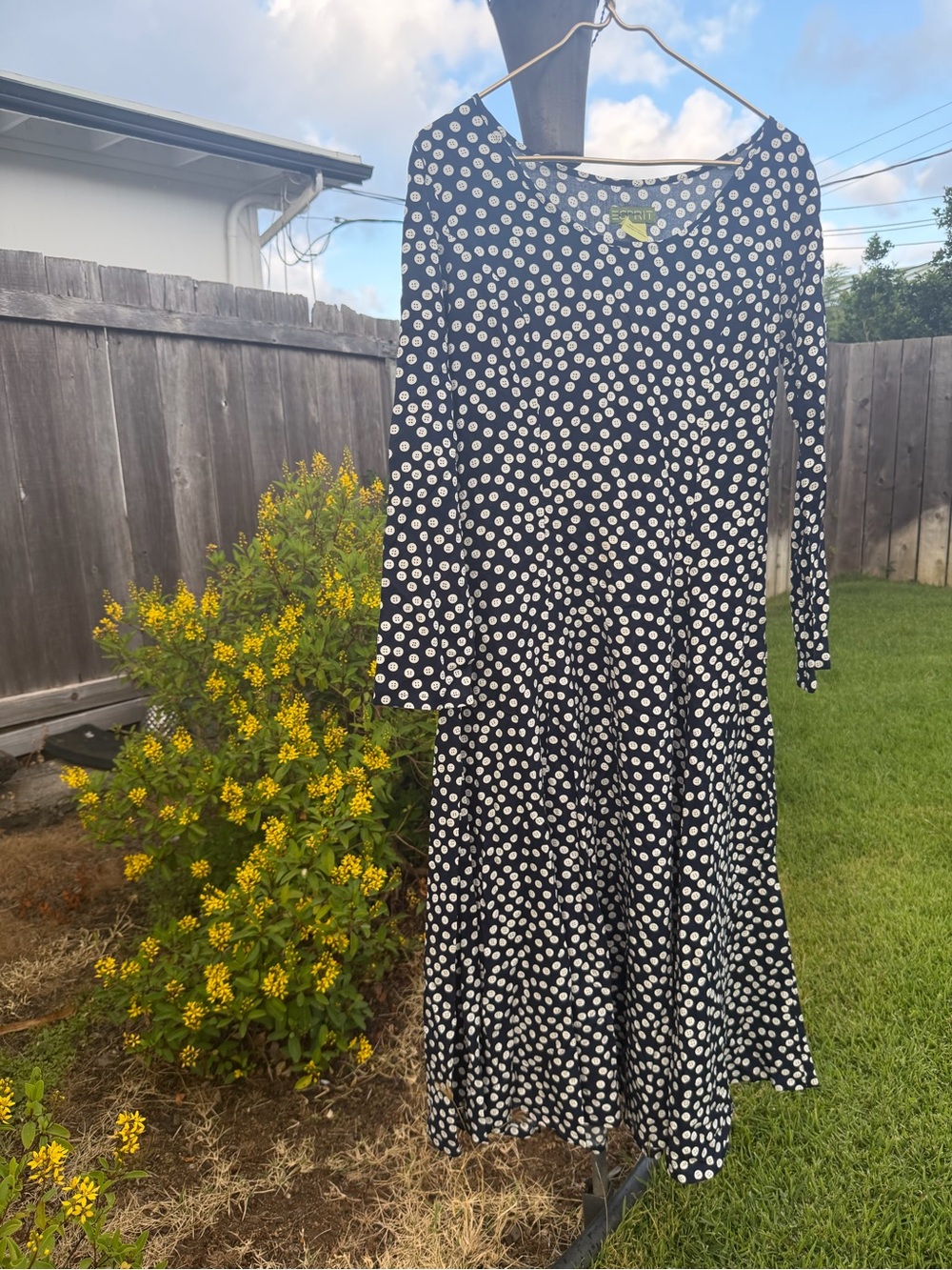 VIntage ESPRIT 100% Rayon Black & White Button print Polka Dot Long Sleeve Dress